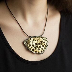 Handmade Gold Open Work Freeform Polymer Clay Pendant Necklace 18" Cord SS Clasp